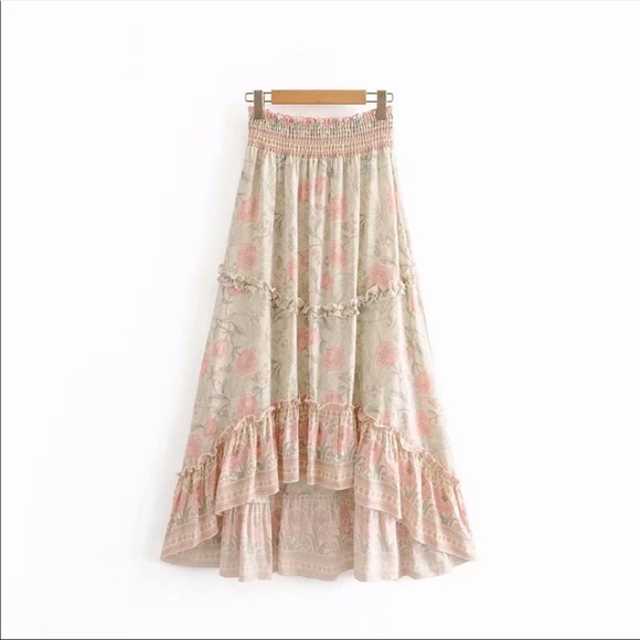 Hi Low Maxi Boho Floral Gypsy Print Skirt Pink - Picture 11 of 15